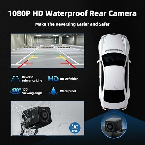 Diagram showing 1080P HD waterproof rear camera features for safer reversing.