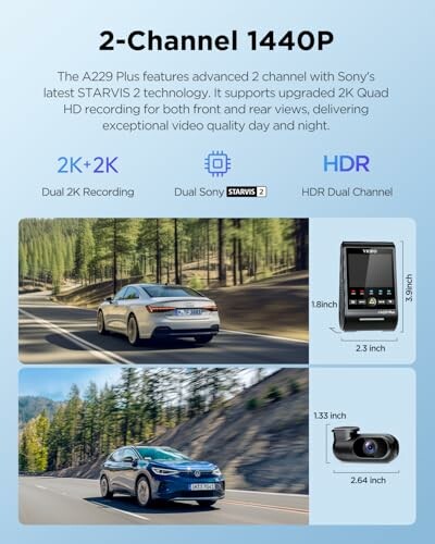 Promotional image for A229 Plus 2-channel 1440P dash cam with dual Sony STARVIS 2 technology.