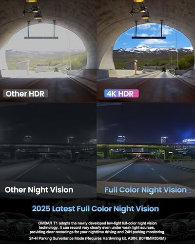 Comparison of HDR and full color night vision in driving conditions.