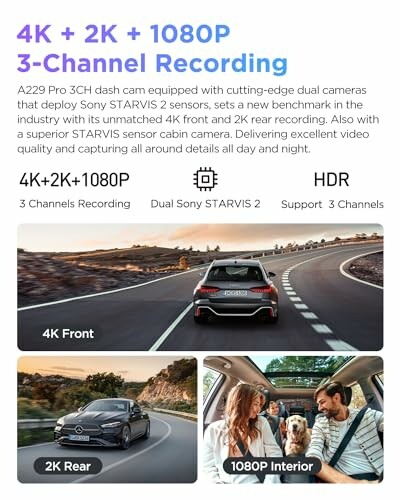 Dash cam with 4K, 2K, 1080P 3-channel recording features.