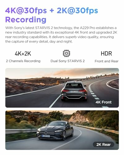 Car cameras with 4K and 2K recording capabilities on a scenic road.