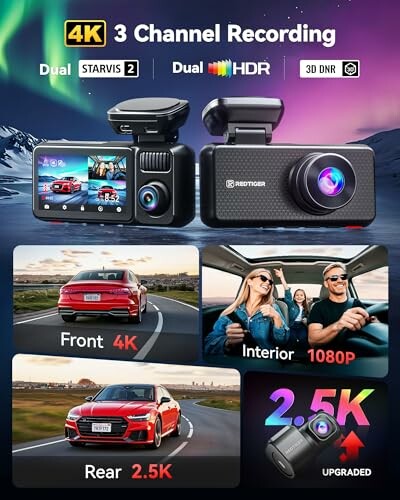 Promotional image for a 4K dashcam with dual STARVIS 2, HDR, 3D DNR, featuring front, interior, and rear cameras.