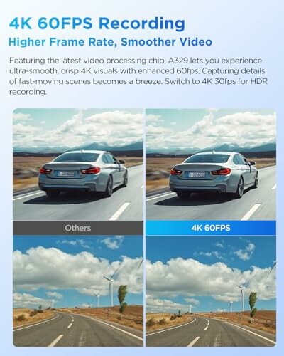 Comparison of 4K 60FPS recording with a car on a road.