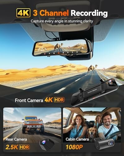 4K 3 channel dash cam with front, rear, and cabin cameras, showcasing road and desert scenery.