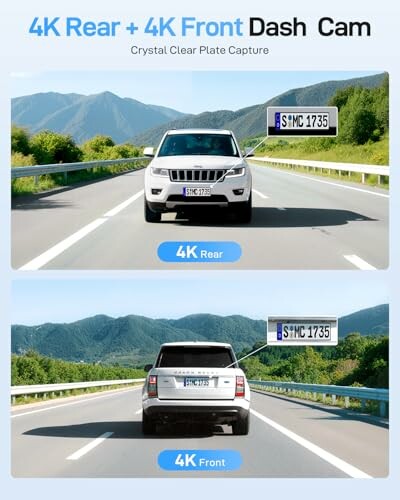 4K dash cam images showing clear license plate capture from rear and front.