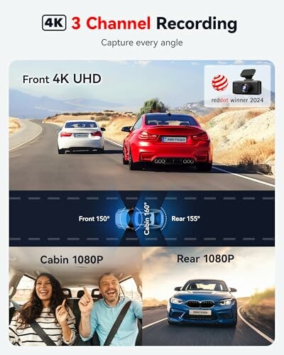 Dashcam with 4K UHD front, 1080P cabin, and rear recording features.