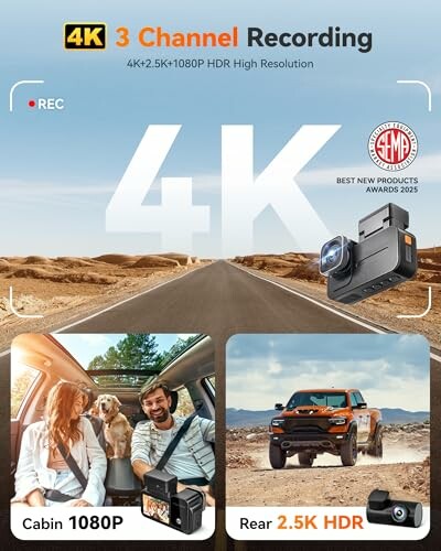 Advertisement showcasing 4K dashcam with 3 channel recording, featuring images of a car interior and off-road vehicle.