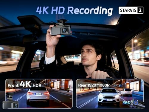 Person adjusting dashcam for 4K HD recording with front and rear camera views.