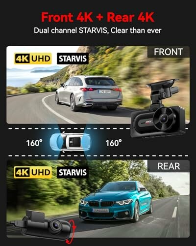 Front and rear 4K UHD dashcam with STARVIS technology, showcasing dual channel recording.