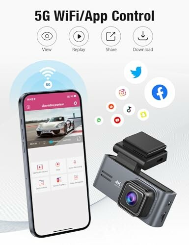 5G WiFi app control for camera with smartphone and social media icons