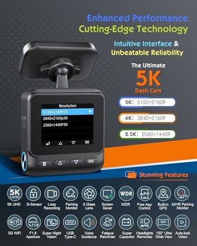 5K dash cam with resolution options and features listed.