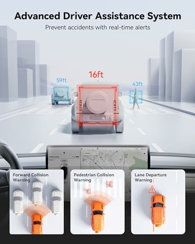 Diagram of advanced driver assistance system showing collision warnings and lane departure alert.