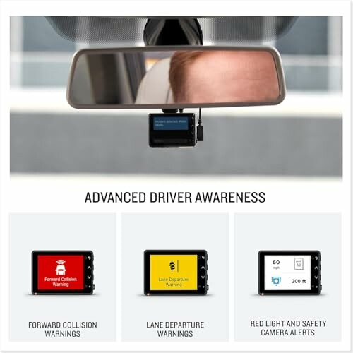 Advanced driver awareness system with collision, lane departure, and safety camera alerts.