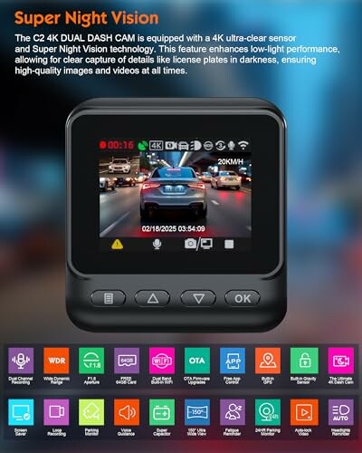 C2 4K Dual Dash Cam with night vision and feature icons.