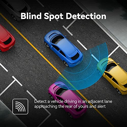 Illustration of car blind spot detection system highlighting a vehicle in an adjacent lane