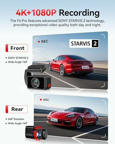 4K and 1080P recording camera with Sony STARVIS 2 technology, featuring front and rear views of a red car.