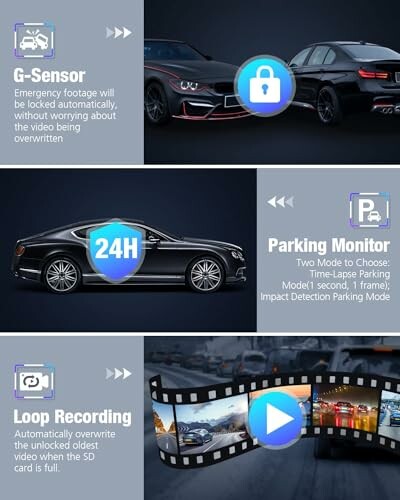 Image showcasing car camera features: G-Sensor, Parking Monitor, and Loop Recording.