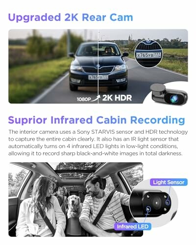 Car with 2K rear cam and infrared cabin recording.