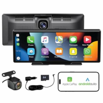 Car dash camera with rear camera and smartphone connectivity features.