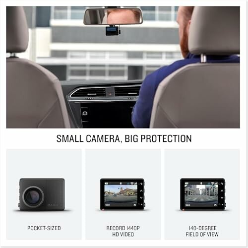 Car dashboard camera features: pocket-sized, 1440p HD video, 140-degree view.