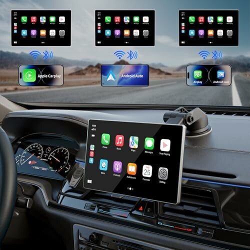 Car dashboard with smart display showing apps and connectivity options.