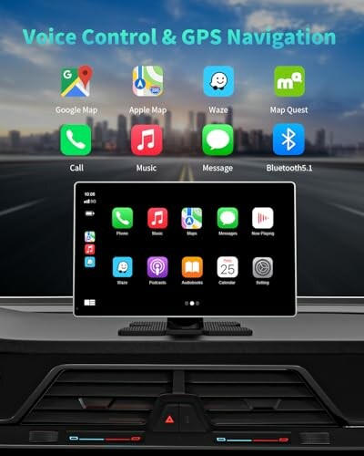 Car dashboard with GPS navigation and app icons on screen.