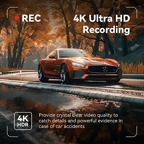 Orange sports car driving on a wet road, highlighted as a 4K Ultra HD recording.