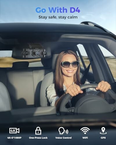 Woman driving car with dashcam and safety features displayed.