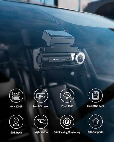 Car dashcam with features like 4K resolution, touch screen, wide-angle, night vision.