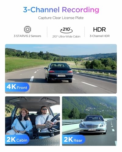 Car dashcam with 3-channel recording and HDR capability showing front, cabin, and rear views.