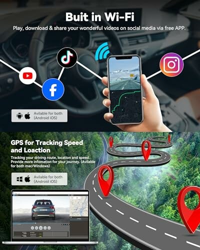 Car GPS system with Wi-Fi, social media, and tracking features.