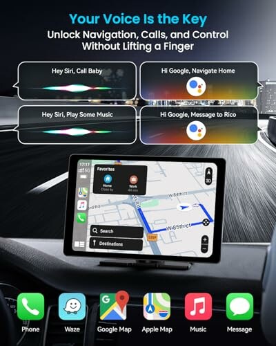 Car dashboard with voice-controlled navigation and app icons.