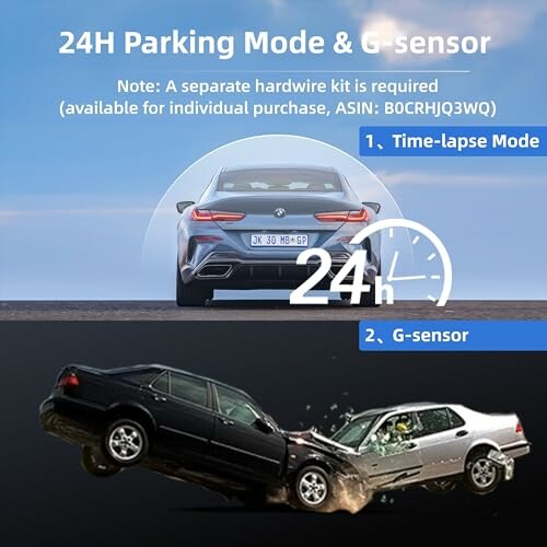 Illustration of 24H parking mode and G-sensor features with cars.