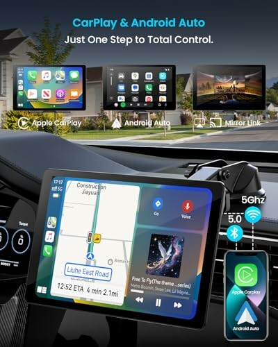 Car dashboard with CarPlay and Android Auto features displayed.