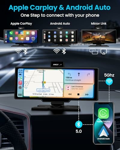 Car dashboard display with Apple CarPlay and Android Auto connectivity options.