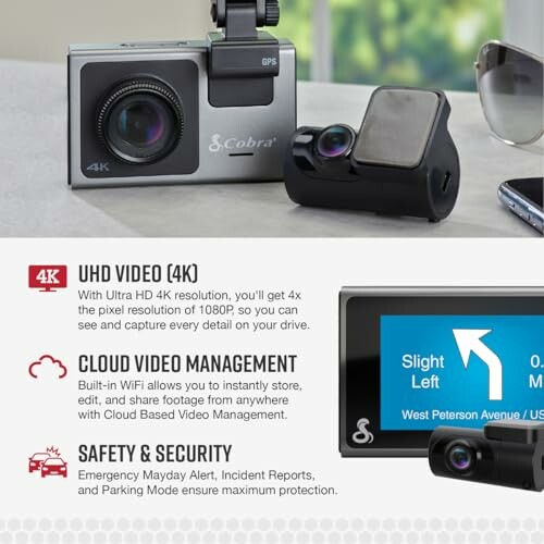 Cobra dash cam with UHD 4K video, cloud video management, and safety features.