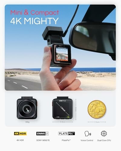 Mini and compact 4K dashcam with various features and components.