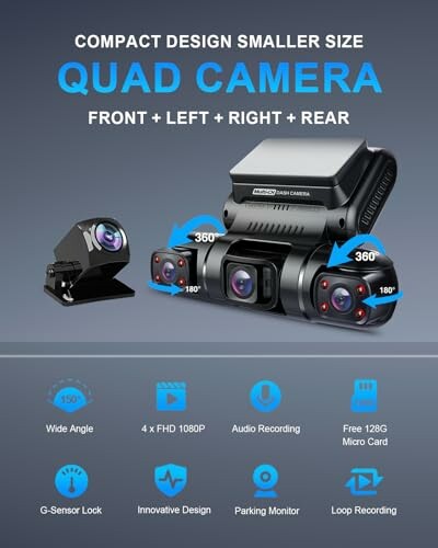 Compact quad camera with 360-degree rotation and various features.