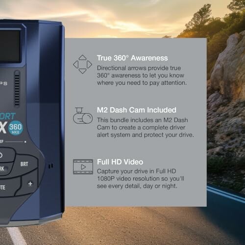 Dash cam product features highlighted against a scenic road backdrop.