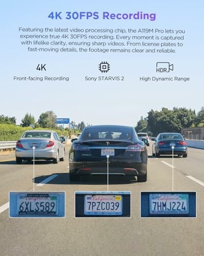 Dashcam features including 4K 30FPS recording, Sony STARVIS 2, HDR, and front-facing recording.
