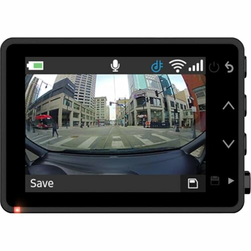 Dashcam display showing a city street with buildings and pedestrians.