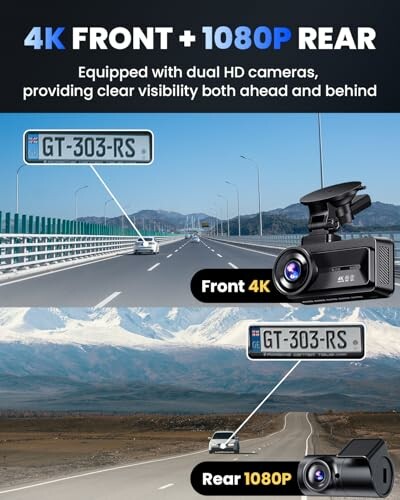 Dashcam with 4K front and 1080P rear views.