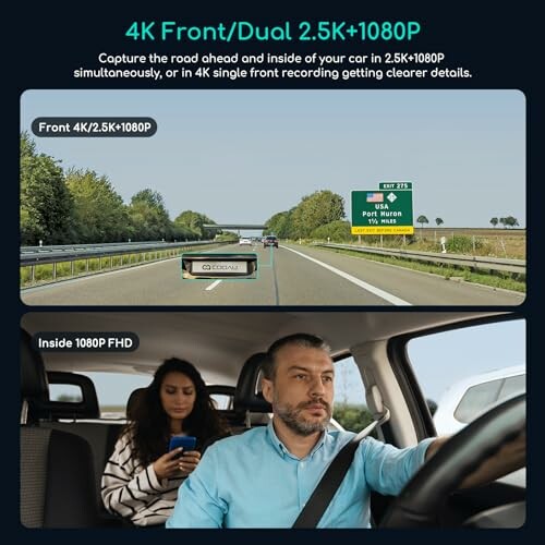 Dashcam views showing 4K front and 1080P interior recording.