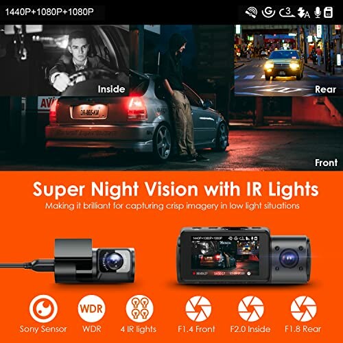 Car dashcam display with night vision features highlighted.