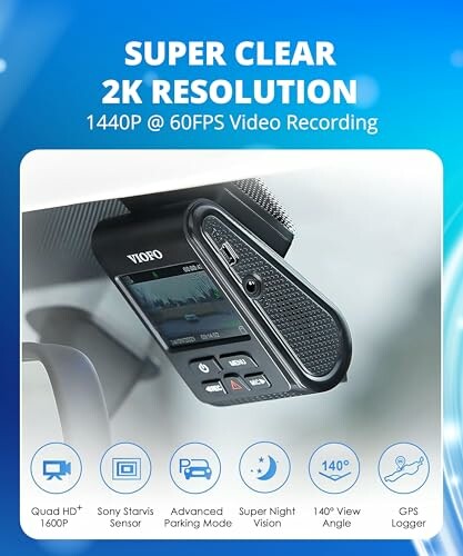 VIOFO dashcam with 2K resolution and features like Sony Starvis sensor and GPS logger.