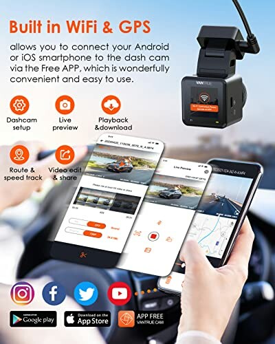 Dashcam with built-in WiFi and GPS, showing smartphone integration for live preview and setup.