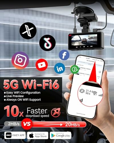 Dashcam with Wi-Fi setup instructions and social media icons.