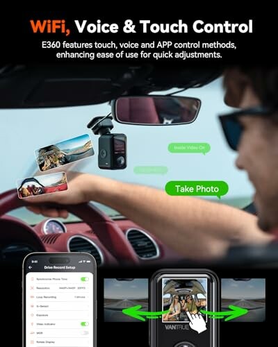 Dashcam with WiFi, voice, and touch control in car setup.