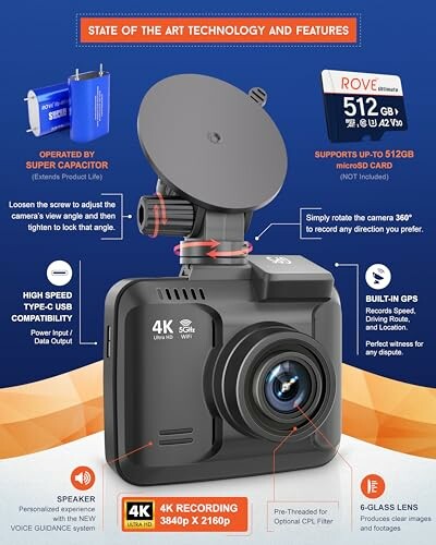 4K dashcam with GPS, WiFi, and 512GB microSD support.