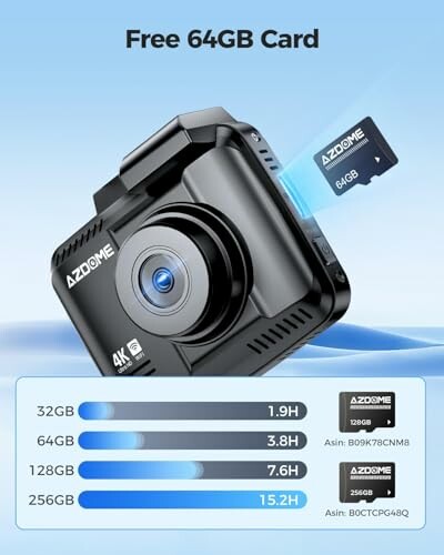 Dashcam with free 64GB card and memory options.